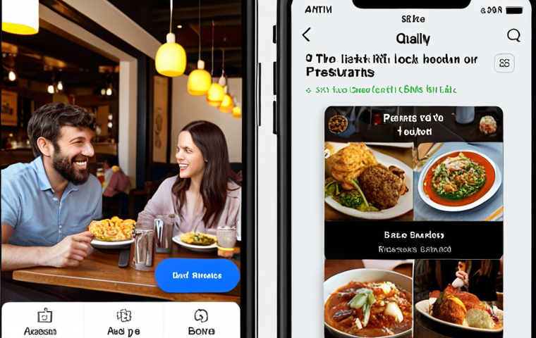 **
Prompt: A simple, functional mobile app interface displaying a basic list of local restaurants, with a clear "Book Now" button. Focus on usability and clean design. In the background, a diverse group of friends happily dining at a restaurant.
**