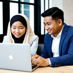 A professional product manager, fully clothed in a modest business suit, engages in a direct user testing session with a diverse user at a modern, clean cafe setting in Kuala Lumpur. They are seated at a table with a laptop, observing the user's interaction with an application, capturing genuine emotions and feedback. The atmosphere is collaborative and professional, emphasizing active listening and empathy. The image features perfect anatomy, correct proportions, well-formed hands, and natural body proportions. This is safe for work, appropriate content, and family-friendly, high-quality professional photography.
