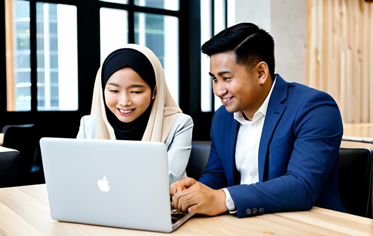 A professional product manager, fully clothed in a modest business suit, engages in a direct user testing session with a diverse user at a modern, clean cafe setting in Kuala Lumpur. They are seated at a table with a laptop, observing the user's interaction with an application, capturing genuine emotions and feedback. The atmosphere is collaborative and professional, emphasizing active listening and empathy. The image features perfect anatomy, correct proportions, well-formed hands, and natural body proportions. This is safe for work, appropriate content, and family-friendly, high-quality professional photography.