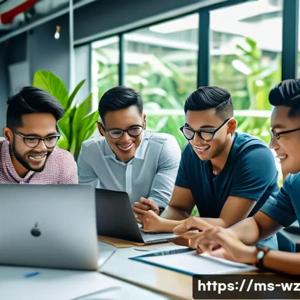 MVP와 제품 개발 주기의 관계 - A modern Malaysian startup office scene showing a diverse team of young professionals collaborating ...