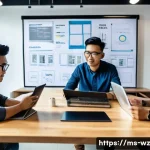 Home 18 MVP와 지속 가능한 혁신 - A modern Malaysian startup office scene showing a diverse team of young entrepreneurs collaborating ...