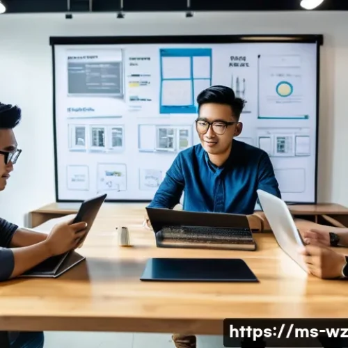 Home 30 MVP와 지속 가능한 혁신 - A modern Malaysian startup office scene showing a diverse team of young entrepreneurs collaborating ...